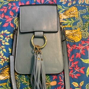 Blue leather fringe crossbody purse